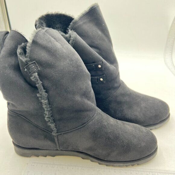 Black Women's Mid Calf Fully Fur Lined Winter Snow Boot with Chic Buckles Shoe - Picture 4 of 8